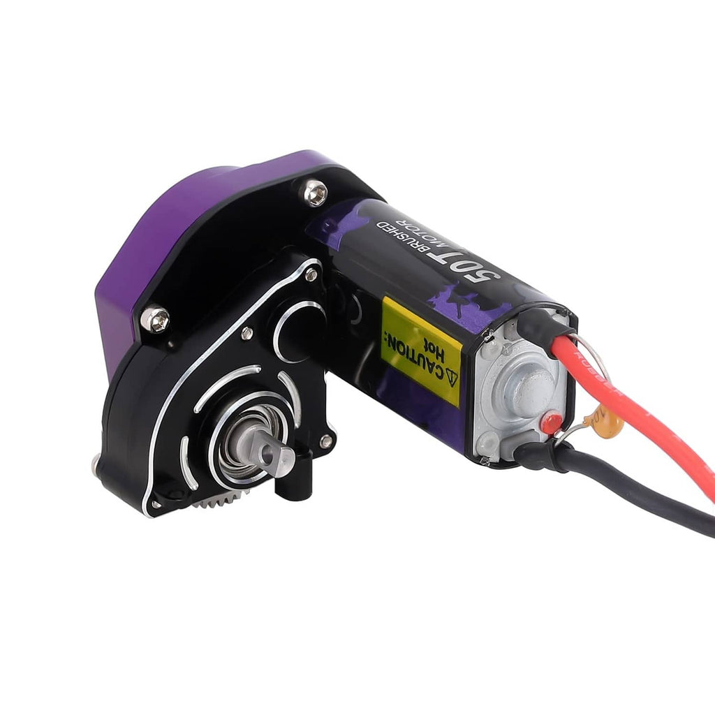 Brushed transmission motor, side view with mounting plate, red and black wire connections