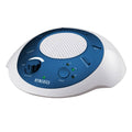 Blue and white sound machine with speaker grille, volume and timer controls