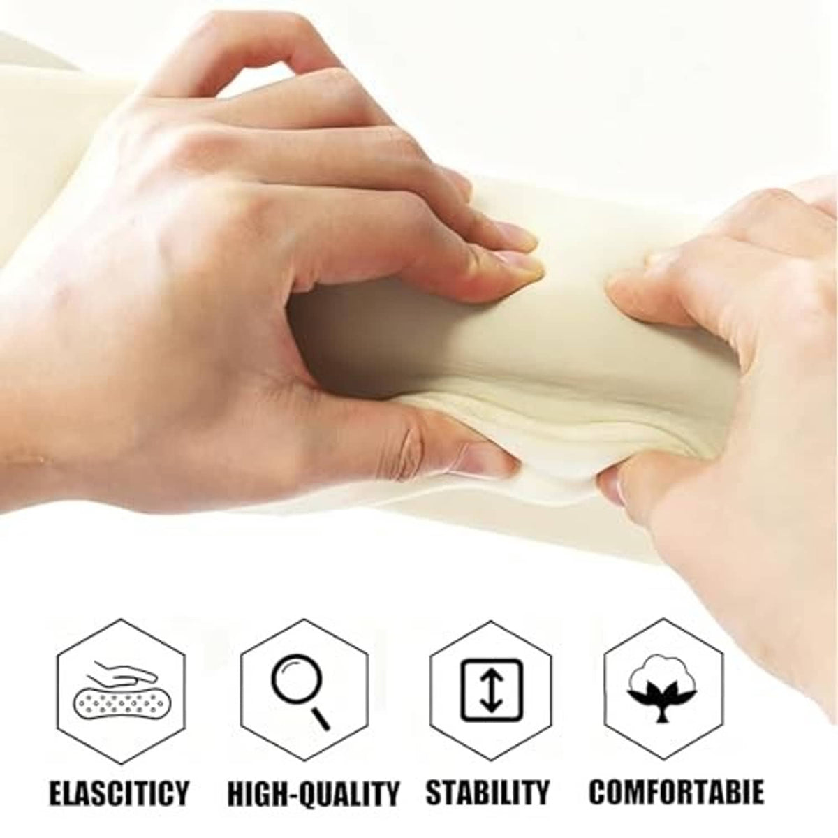 Beige foam seat cushion insert, hands pressing the surface