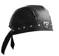 Black faux-leather cycling skull cap with stud row, emblem badge, and tie back