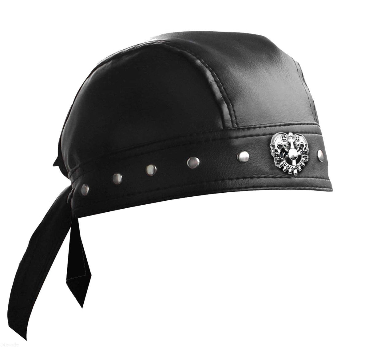 Black faux-leather cycling skull cap with stud row, emblem badge, and tie back