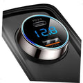 Dual-port car USB-C charger with circular LED display showing 12.8W, PD3.0 and QC3.0