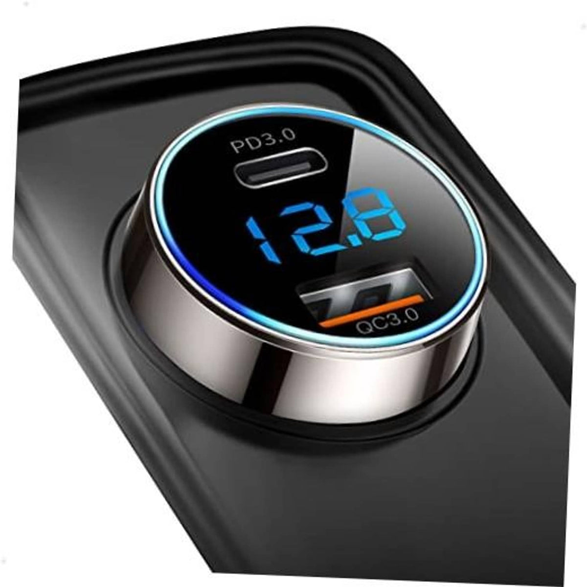 Dual-port car USB-C charger with circular LED display showing 12.8W, PD3.0 and QC3.0