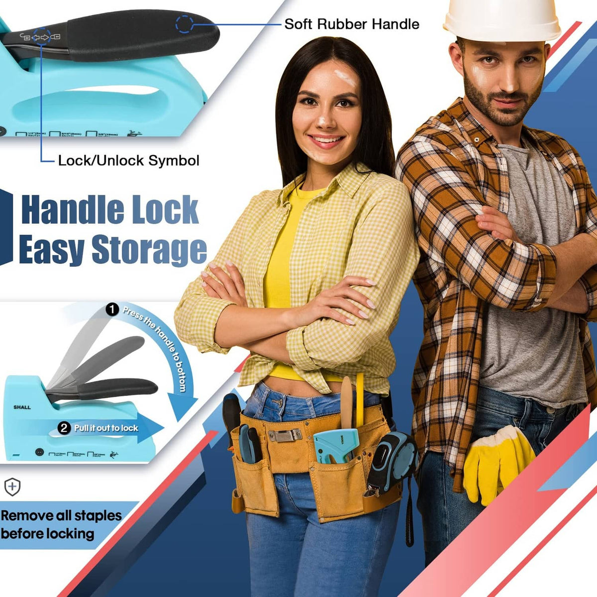 Light blue staple gun with black soft rubber handle