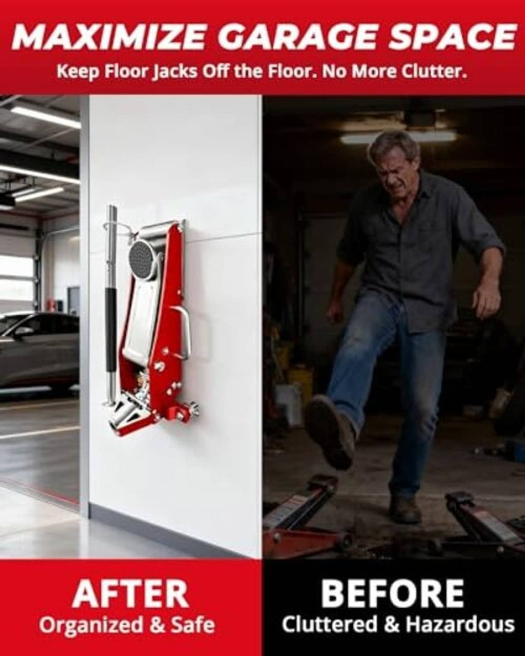 Wall-mounted floor jack storage rack holder holding a jack to save garage floor space