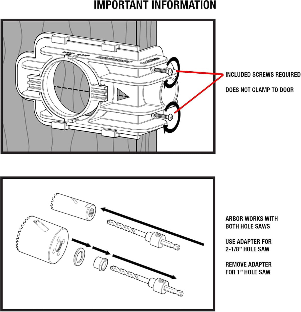 Door lock installation jig instruction diagram showing included screws and clamp fit