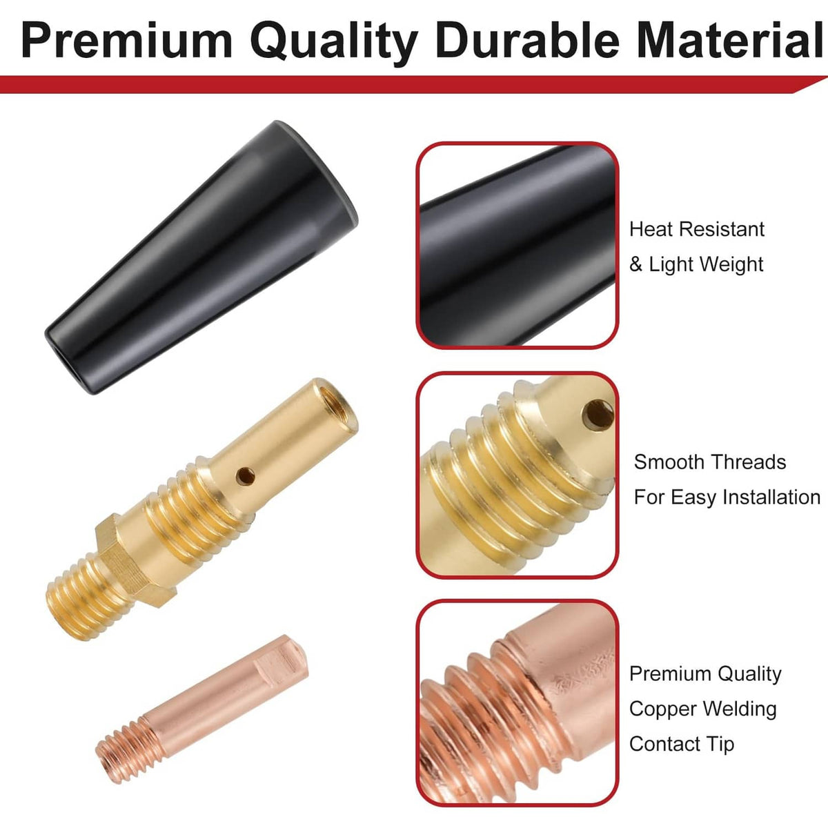 MIG nozzle, gas diffuser, and copper contact tip with thread detail