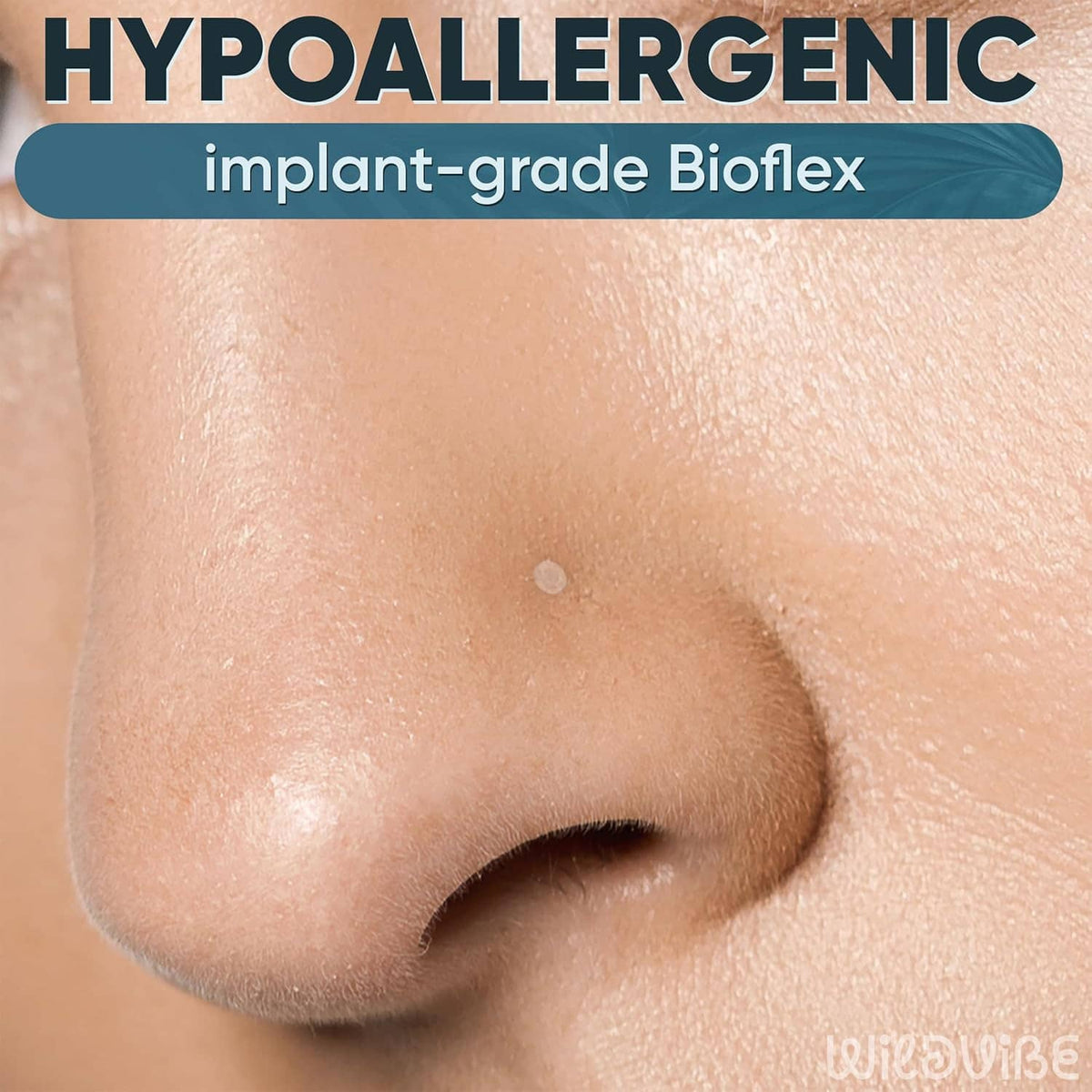 Transparent L-shaped nose stud retainer in a nostril, discreet flat disc end
