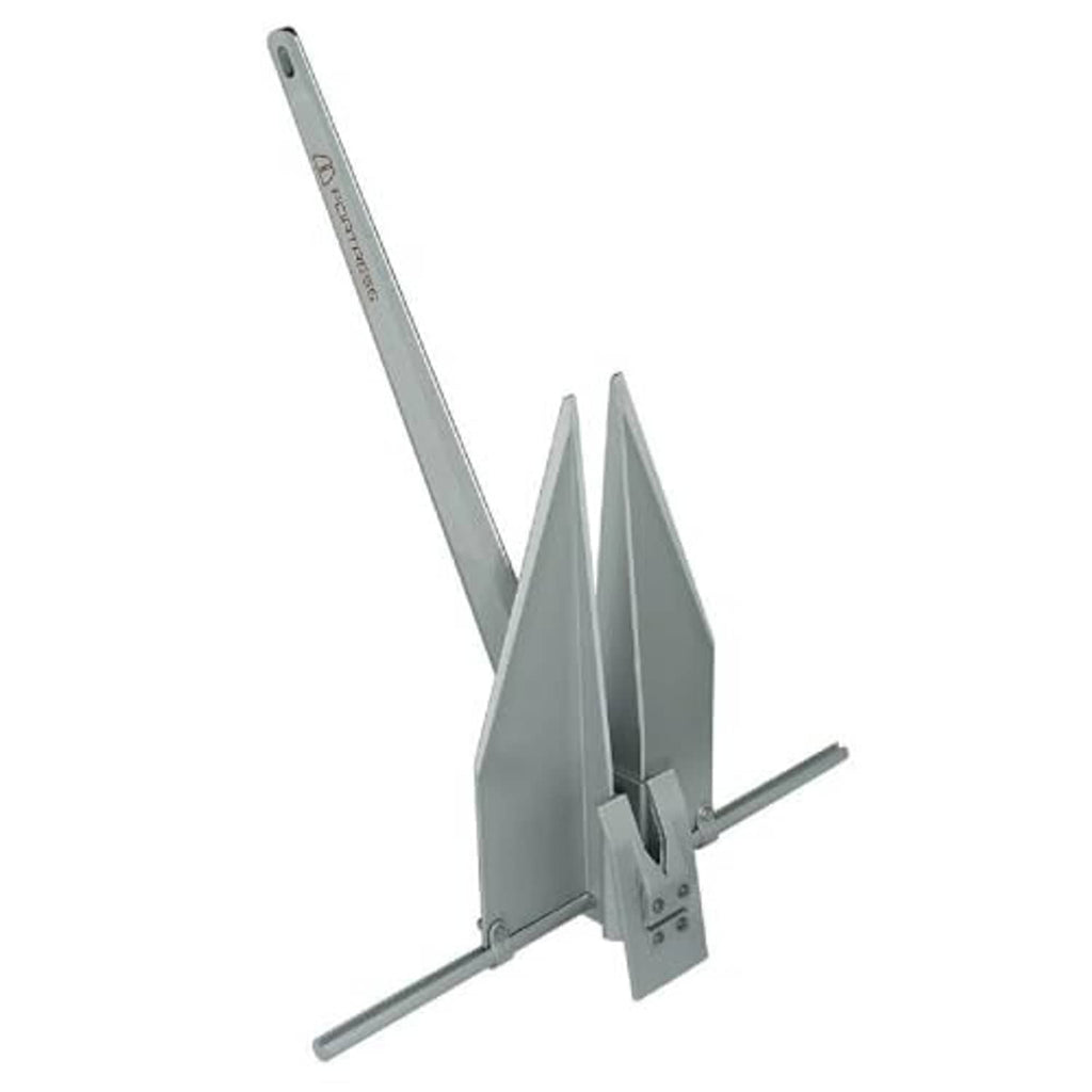 Metal anchor with two flukes, long shank, and side mounting plate