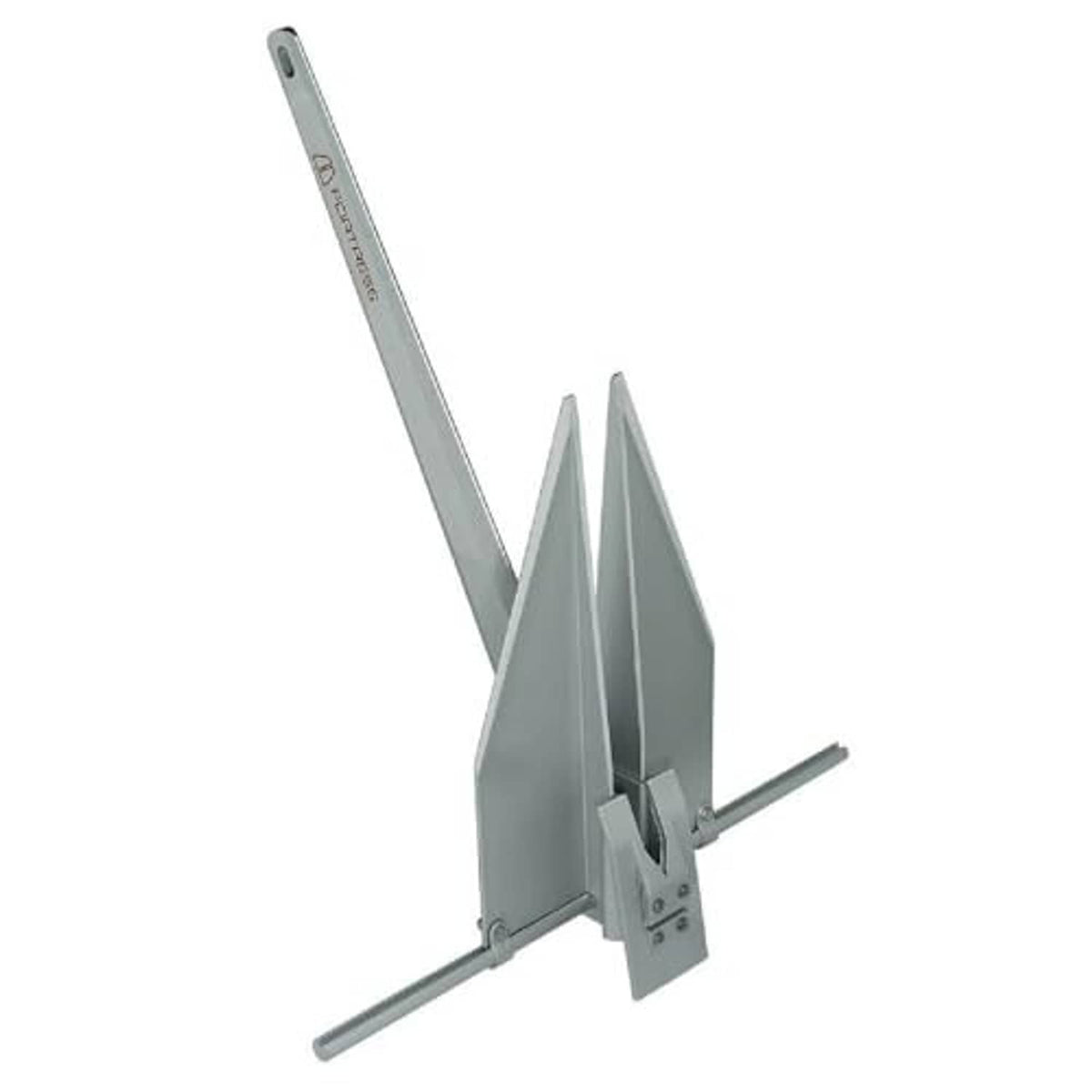 Metal anchor with two flukes, long shank, and side mounting plate