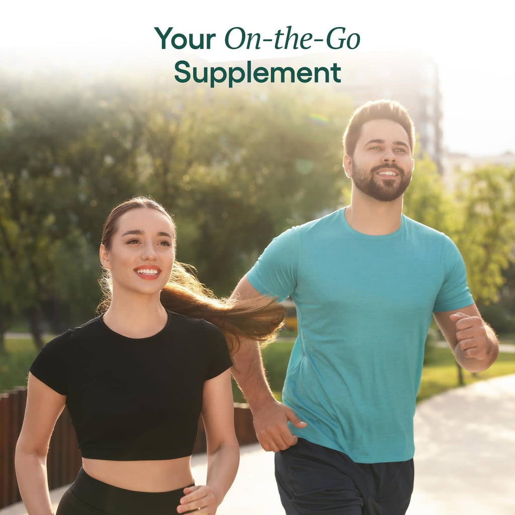 On-the-go supplement marketing with two people outdoors and product message