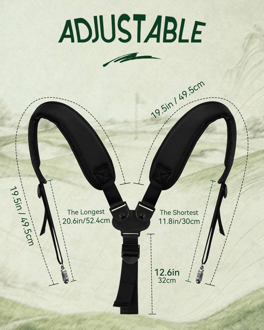 Adjustable black double shoulder strap with length ranges and hanging clips
