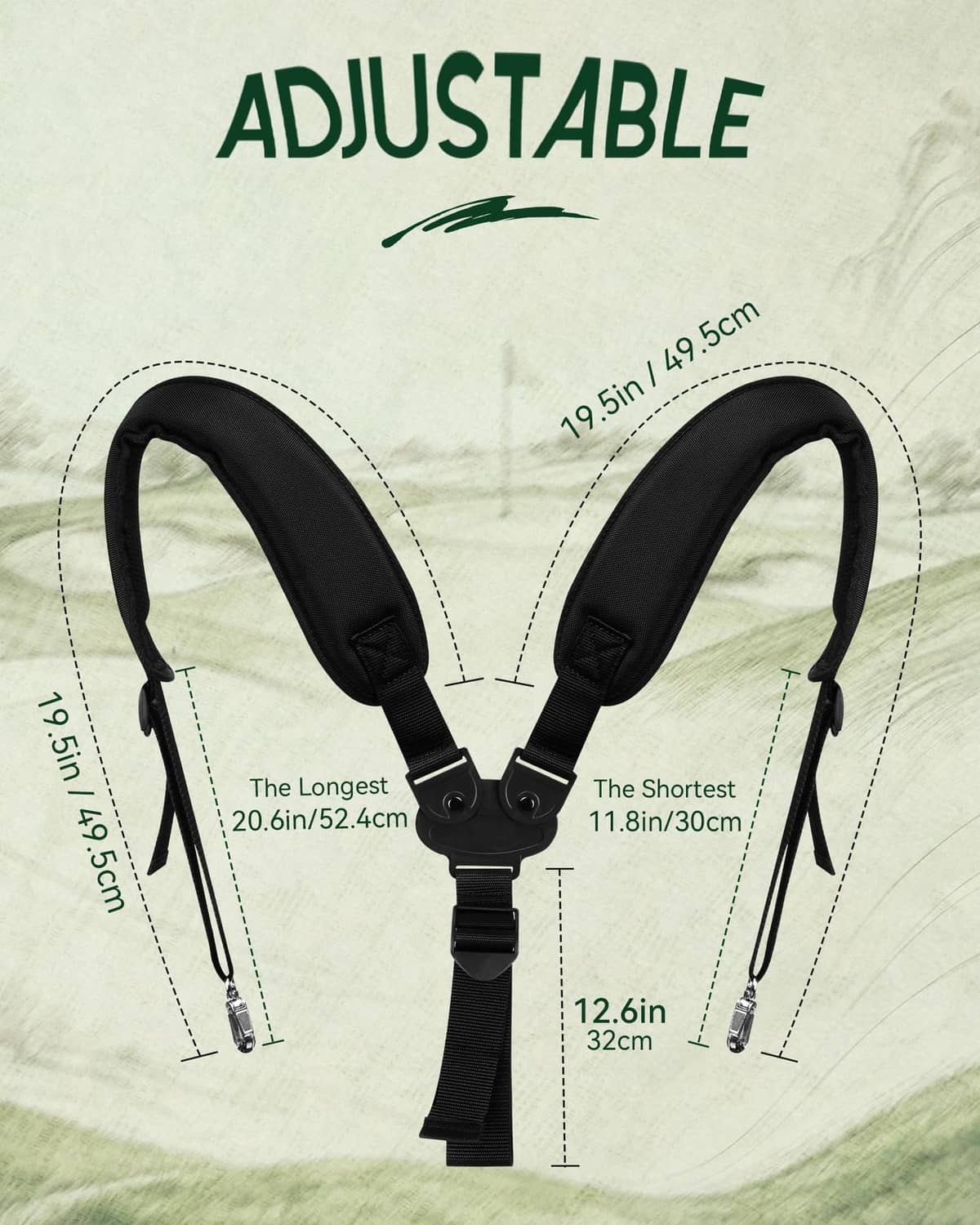 Adjustable black double shoulder strap with length ranges and hanging clips