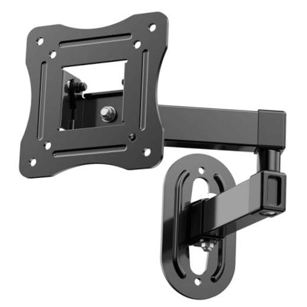 Full motion TV wall mount bracket with swivel arms and mounting plate, black metal