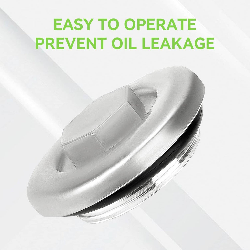 Silver oil drain plug with hex drive opening, flat round top.