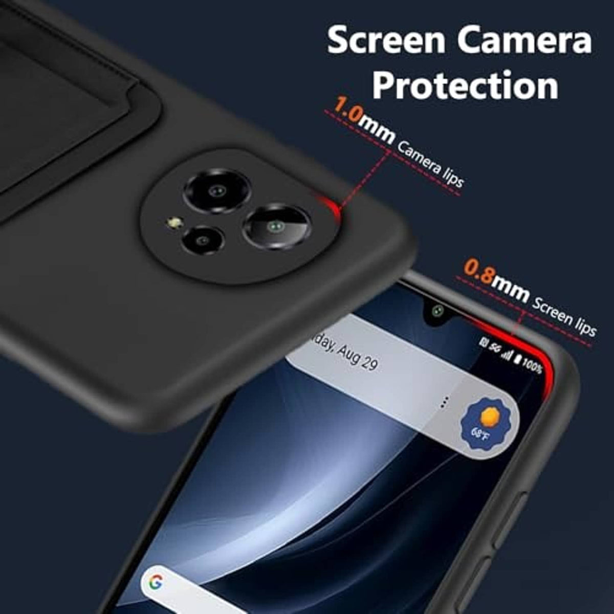 Black phone case with camera cutouts and raised edge for screen protection