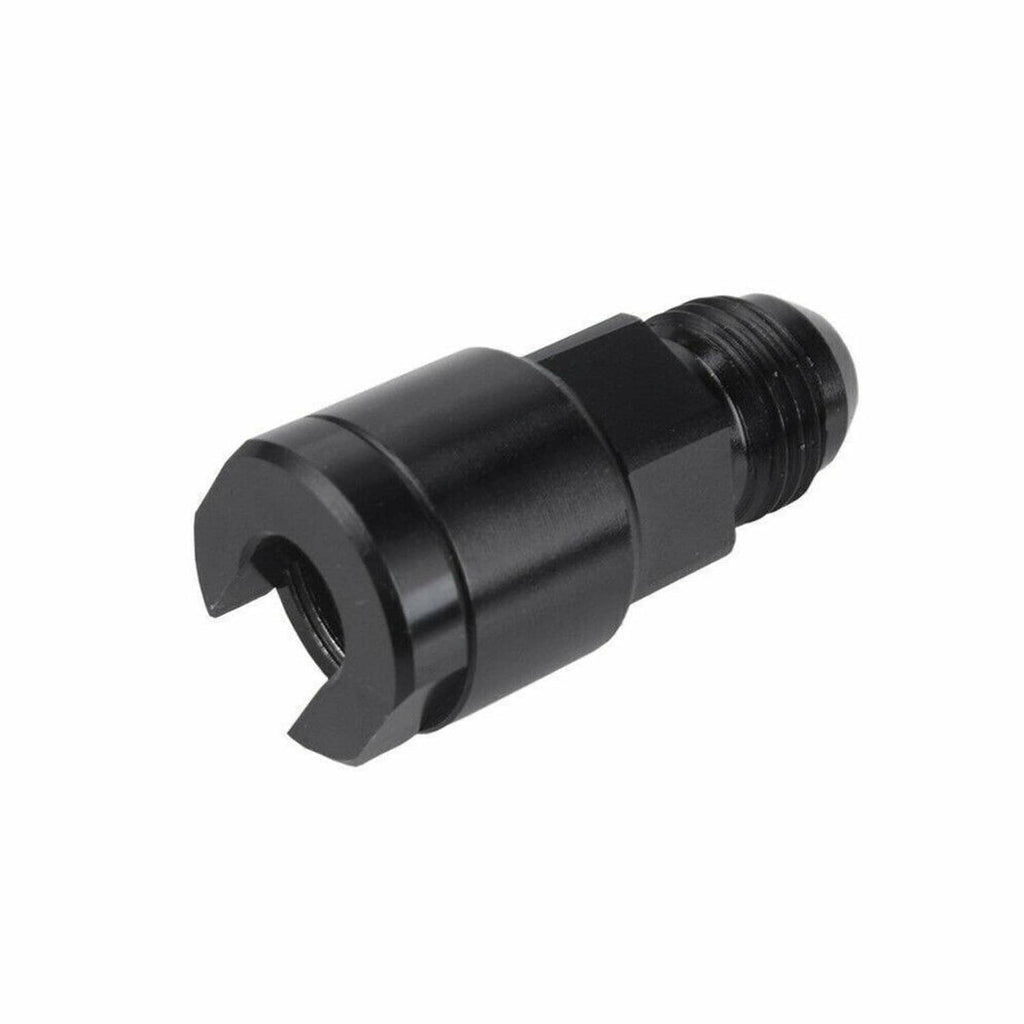 Black 6AN fuel adapter, female threaded quick-connect coupler, angled view