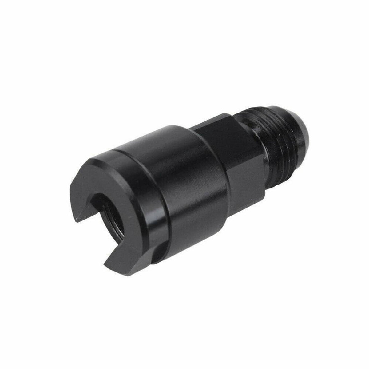 Black 6AN fuel adapter, female threaded quick-connect coupler, angled view