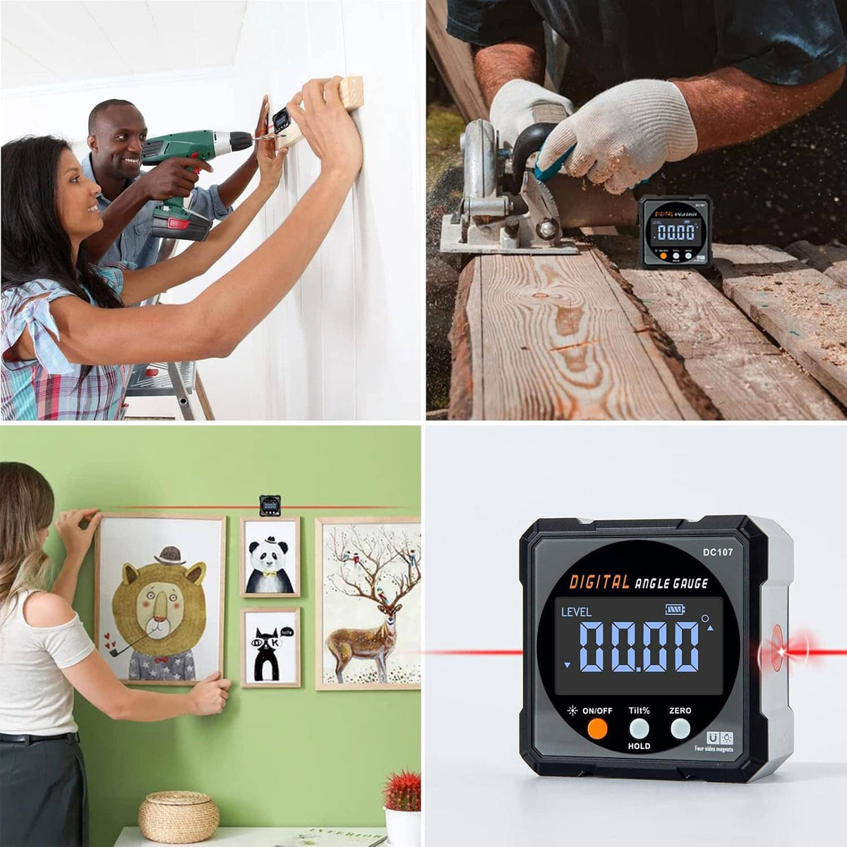 Digital angle finder gauge with LED angle display used during woodworking and wall mounting