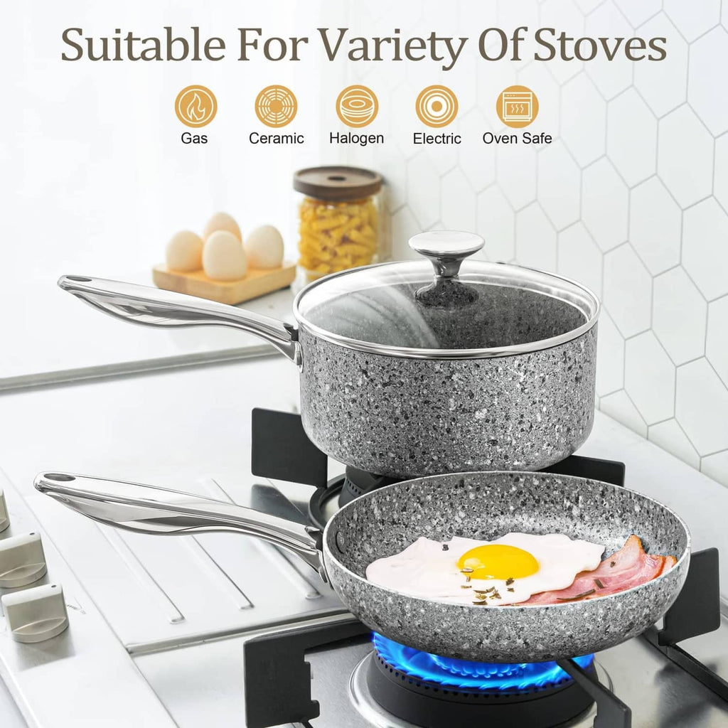 8-in gray granite nonstick frying pan with glass lid on gas stove.