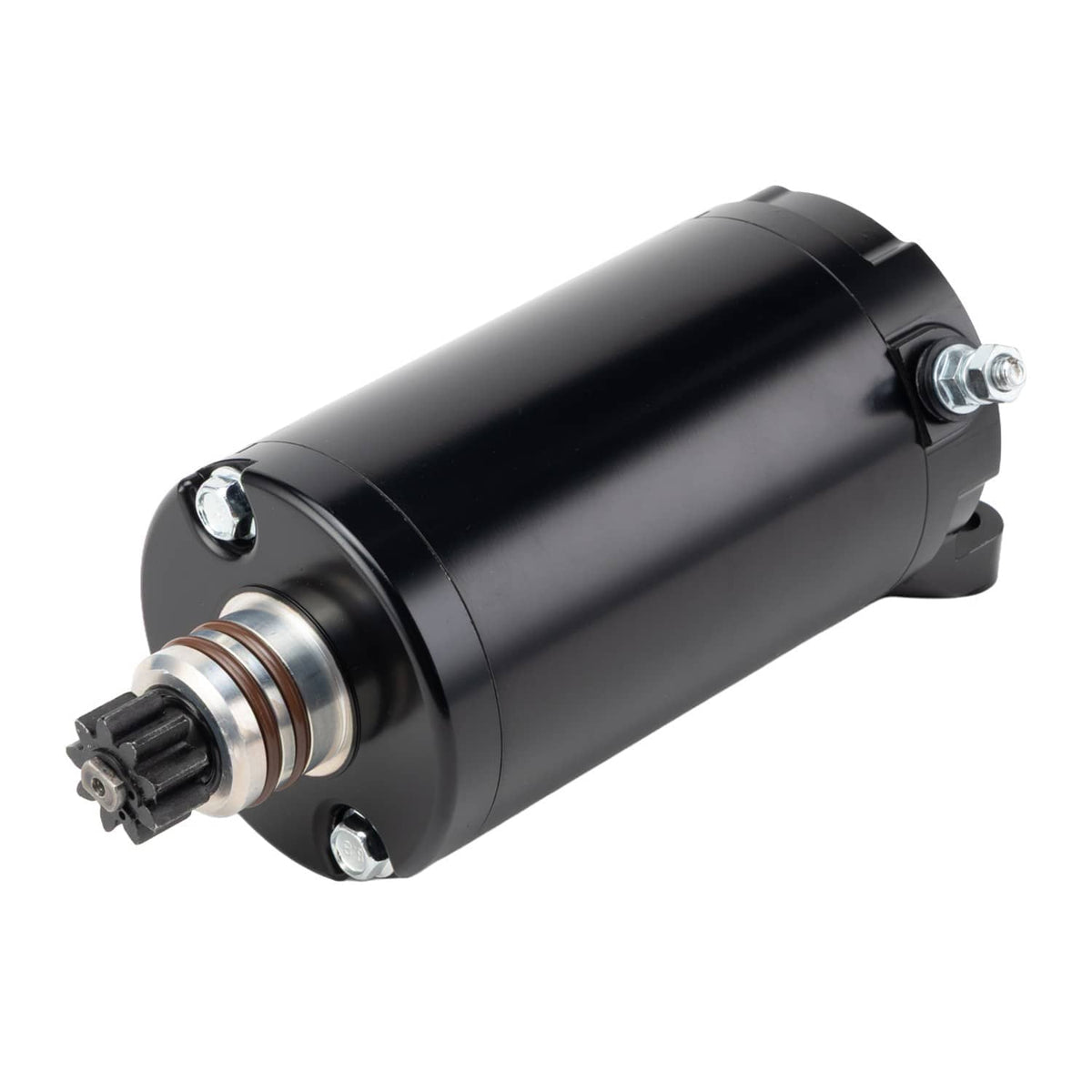 Starter motor assembly, side view of black cylindrical body with front pinion