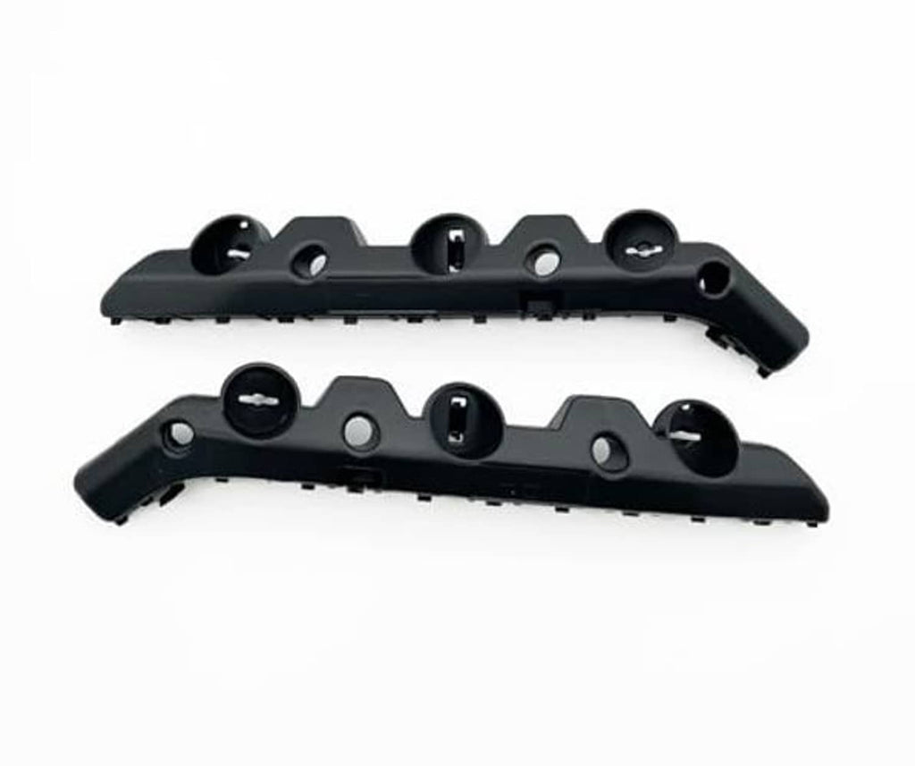 Front bumper support bracket retainers pair, black plastic covers with side cutouts