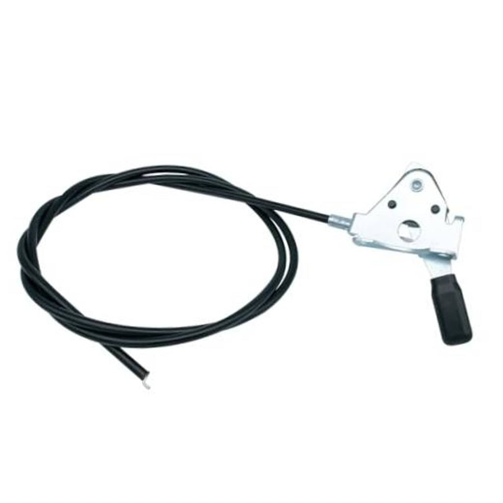 Throttle control cable with black housing and silver mounting bracket, black wire lead