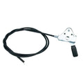 Throttle control cable with black housing and silver mounting bracket, black wire lead