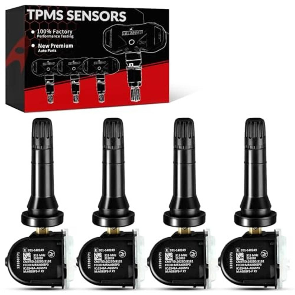 Four black TPMS sensors with valve stems and circular sensor bodies.