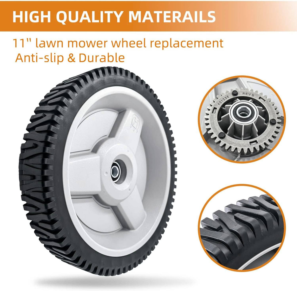 Grey 11-inch lawn mower wheel replacement with black tread and metal center hub