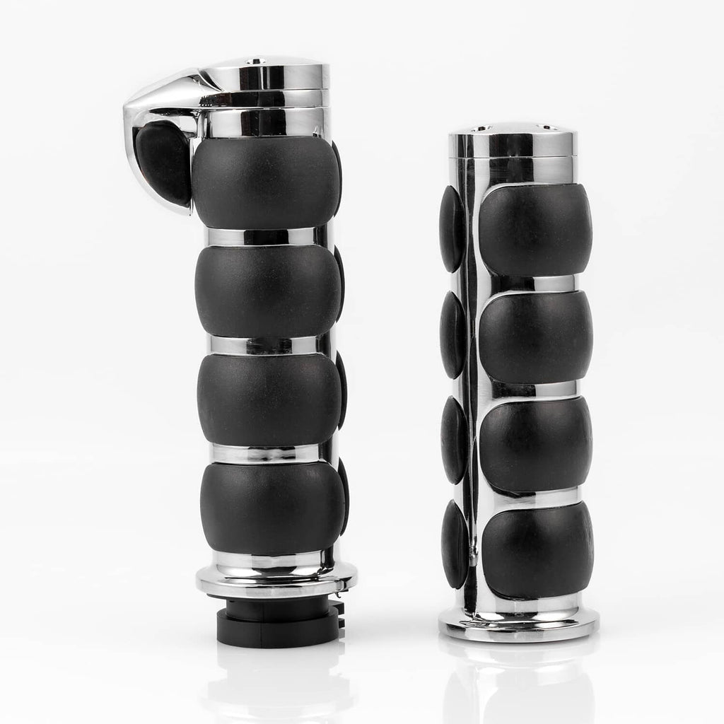 Motorcycle handlebar hand grips, pair of black rubber cylinders with chrome bases