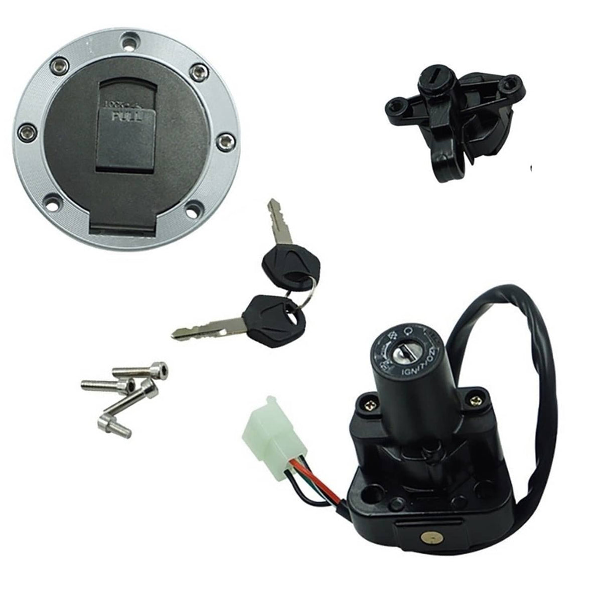 Ignition switch gas cap lock with keys, screws, and wiring connector
