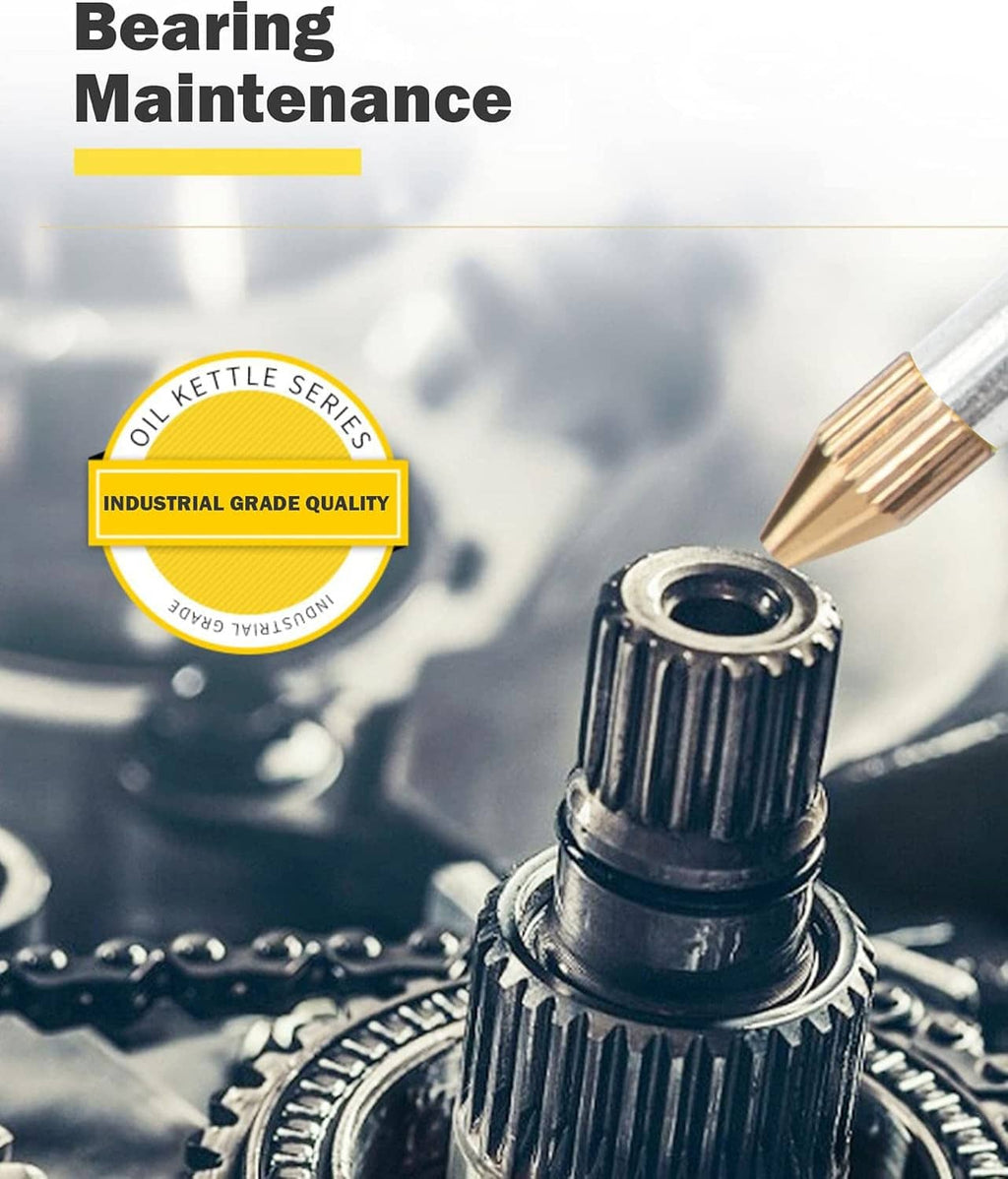 Oil can used for bearing maintenance, dispensing oil from a brass nozzle onto gears