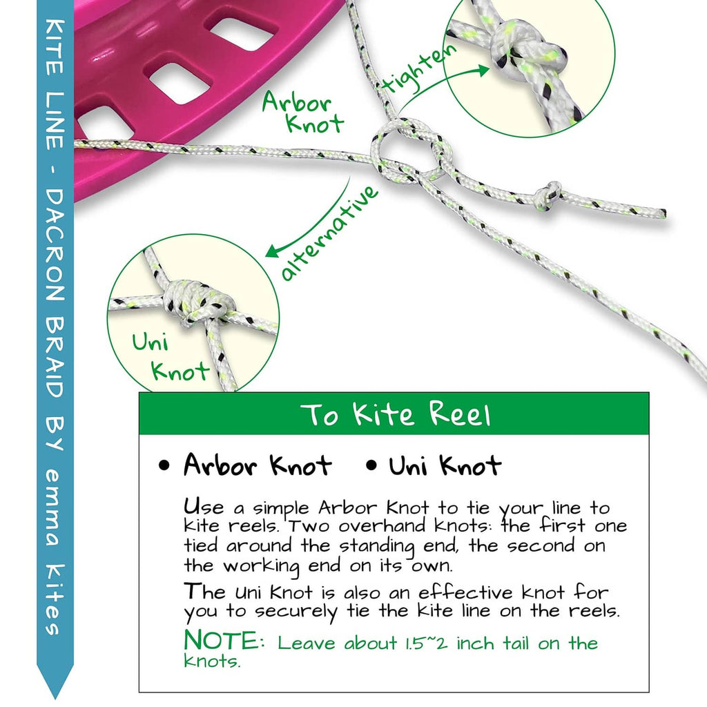 Kite reel knot diagram showing arbor knot and uni knot on braided kite line.