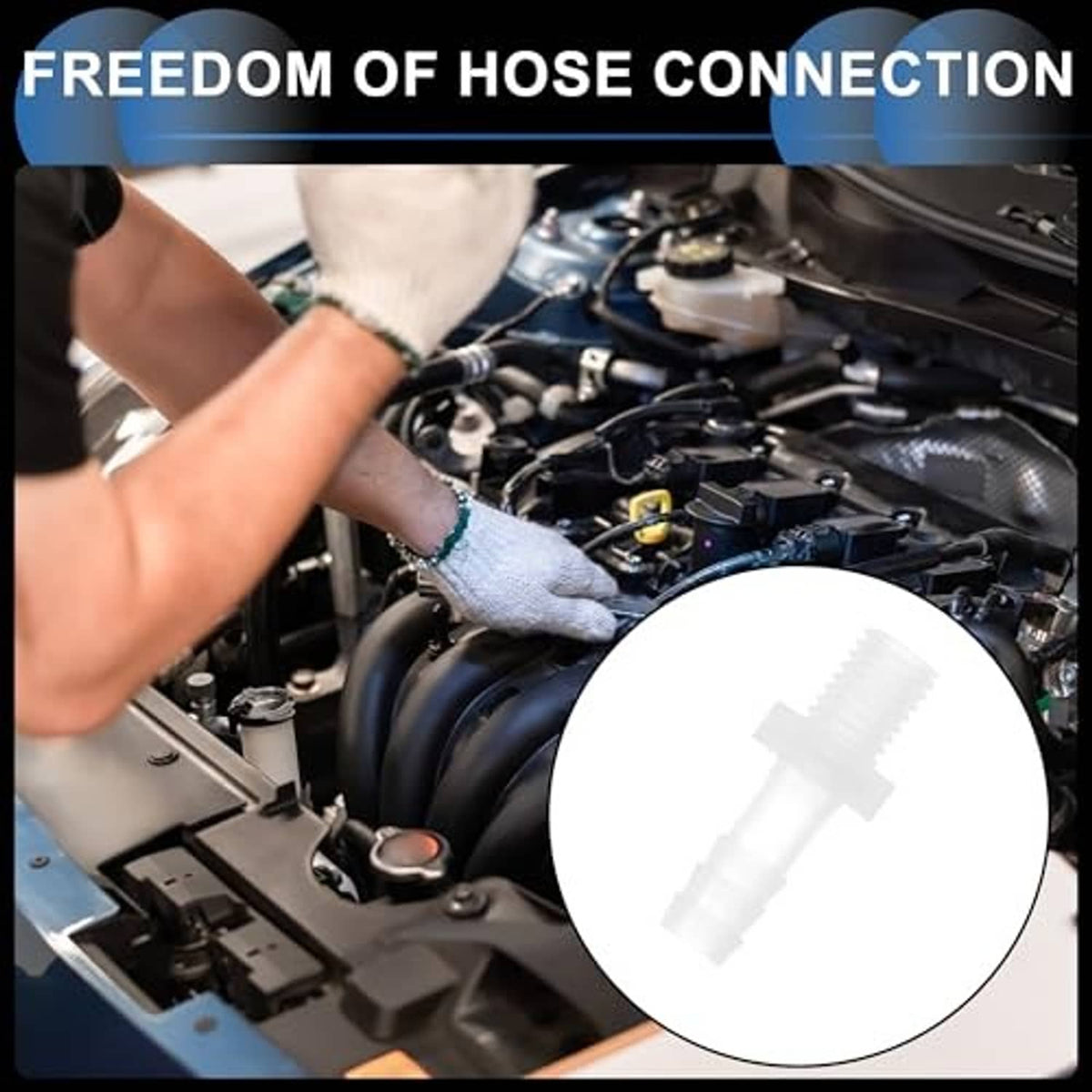 White plastic hose barb adapter connected to clear tubing for vehicle engine bay use