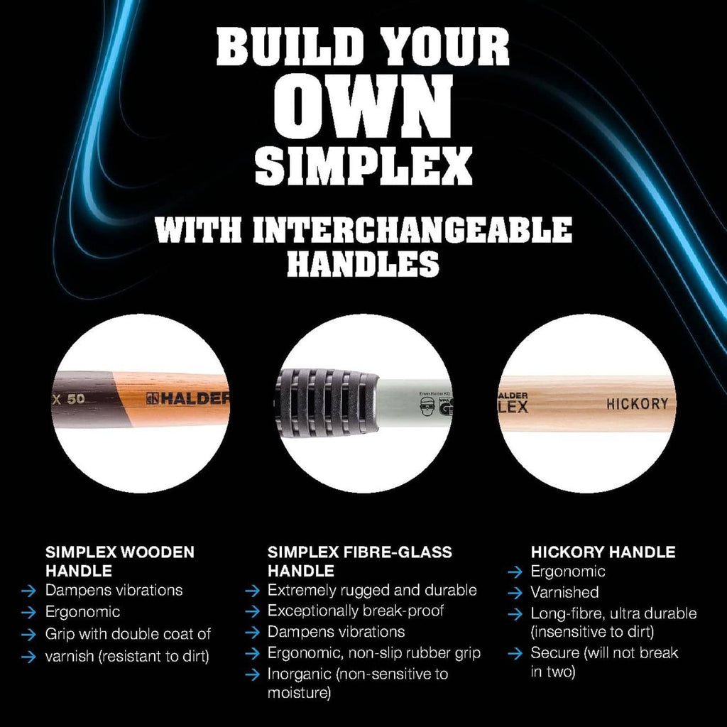 Simplex interchangeables handles display showing wood and fibre-glass handle options.