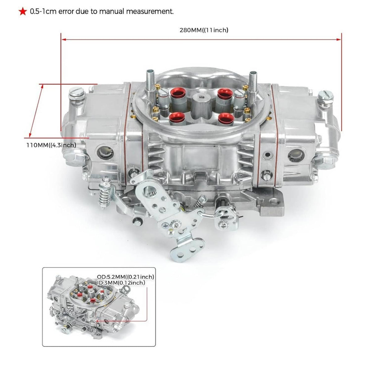 4-barrel double-pumper mechanical carburetor with top bowl and measurement layout