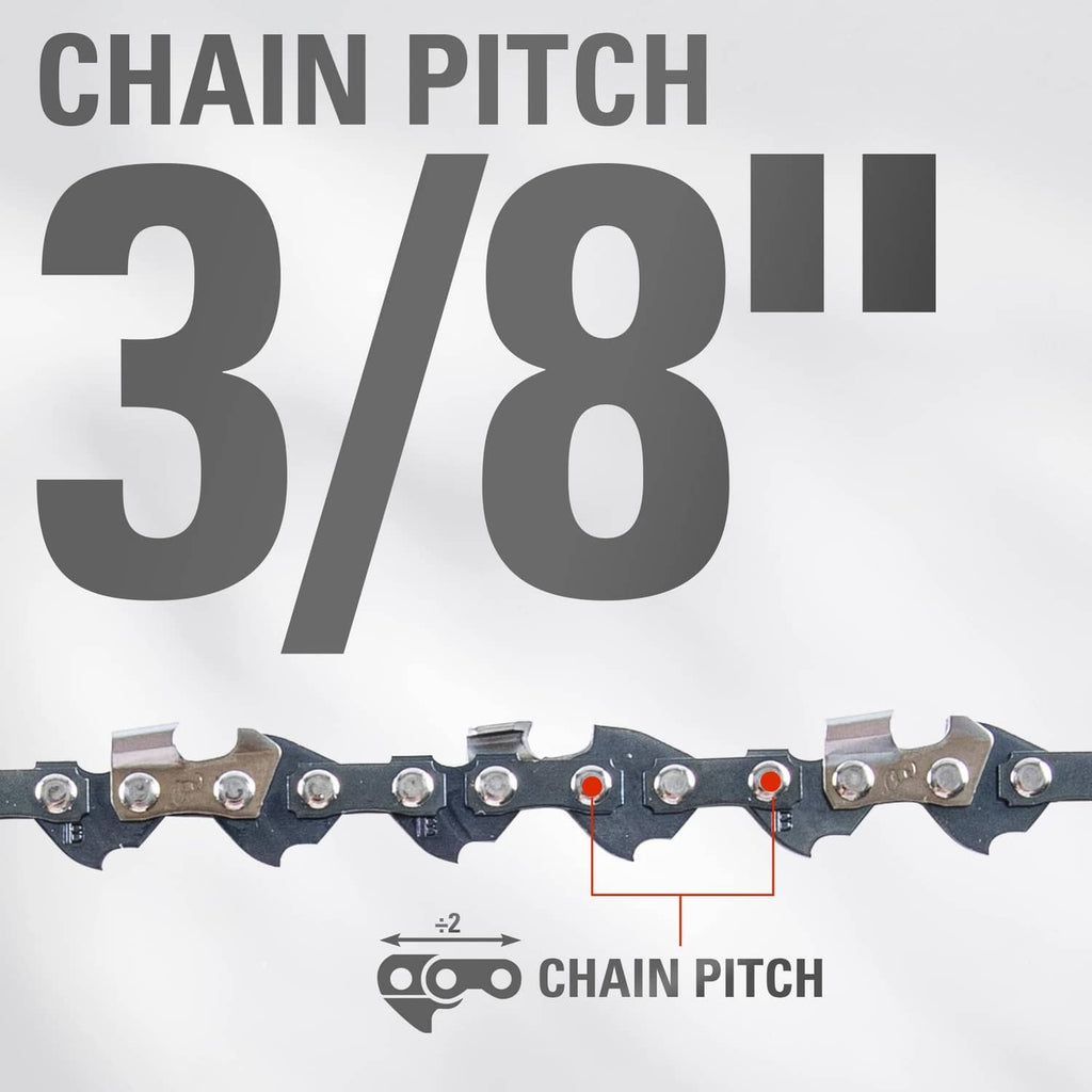 Chainsaw bar and chain combo, sprocket-style chain links on dark bar
