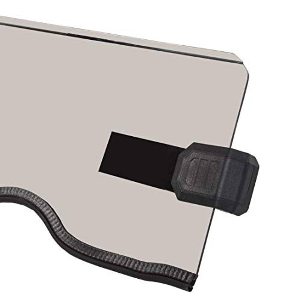 Front half windshield closeup: light tint panel with black mounting clip and seal