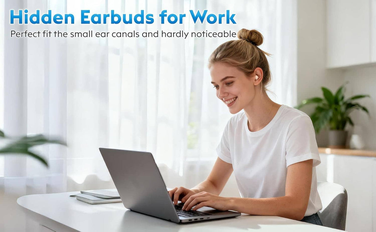 Woman working at a desk wearing hidden mini sleep earbuds
