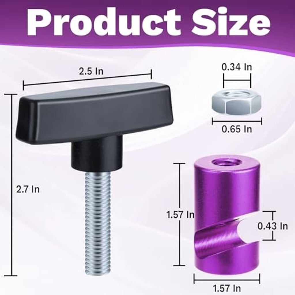 Purple hood clamp with black handle and threaded stud shown with measurements.
