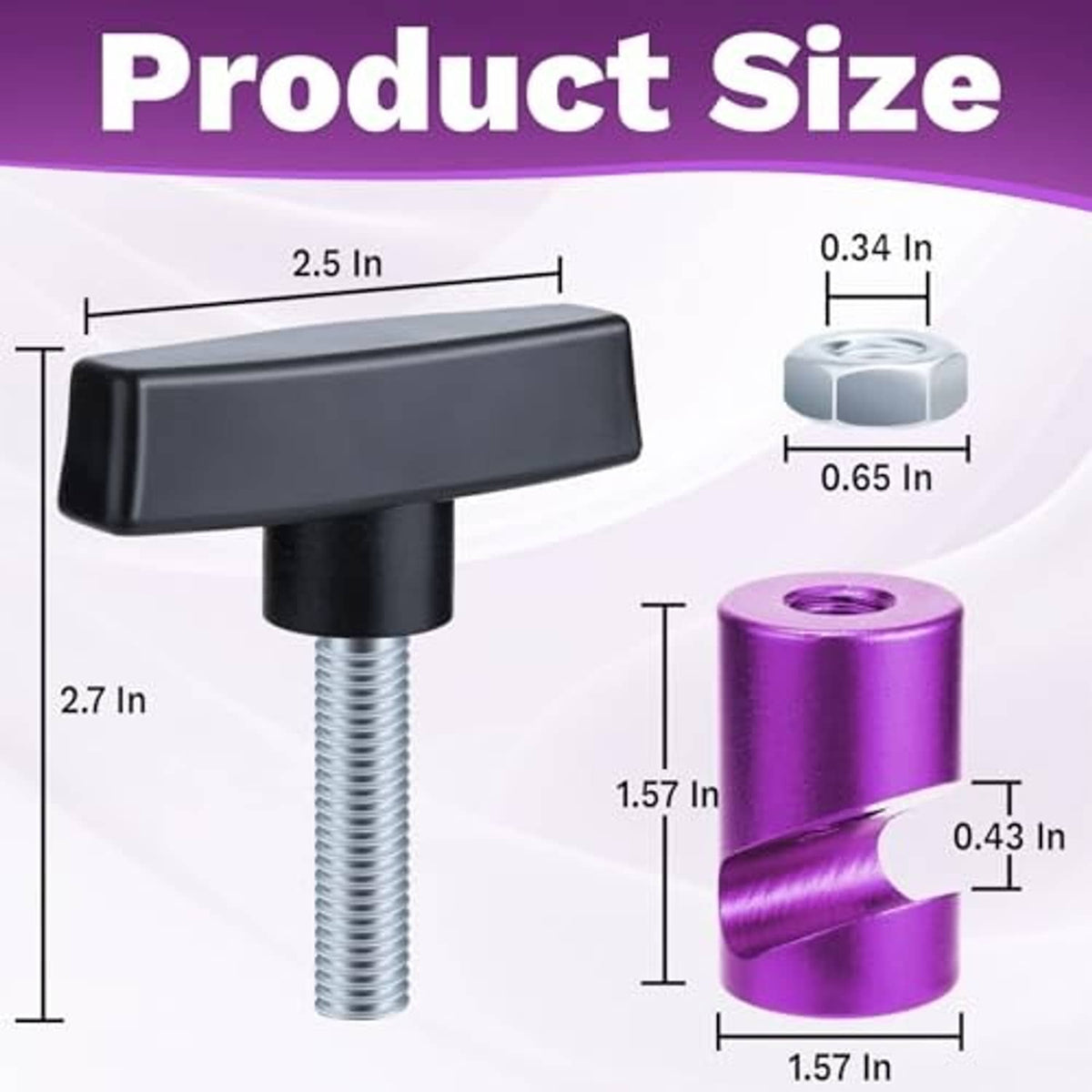 Purple hood clamp with black handle and threaded stud shown with measurements.