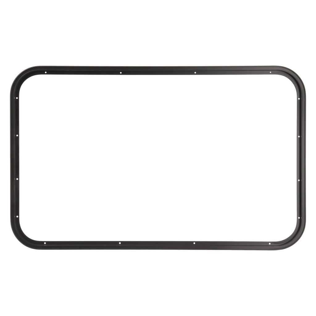 RV window trim ring frame in dark color with rounded corners and mounting holes
