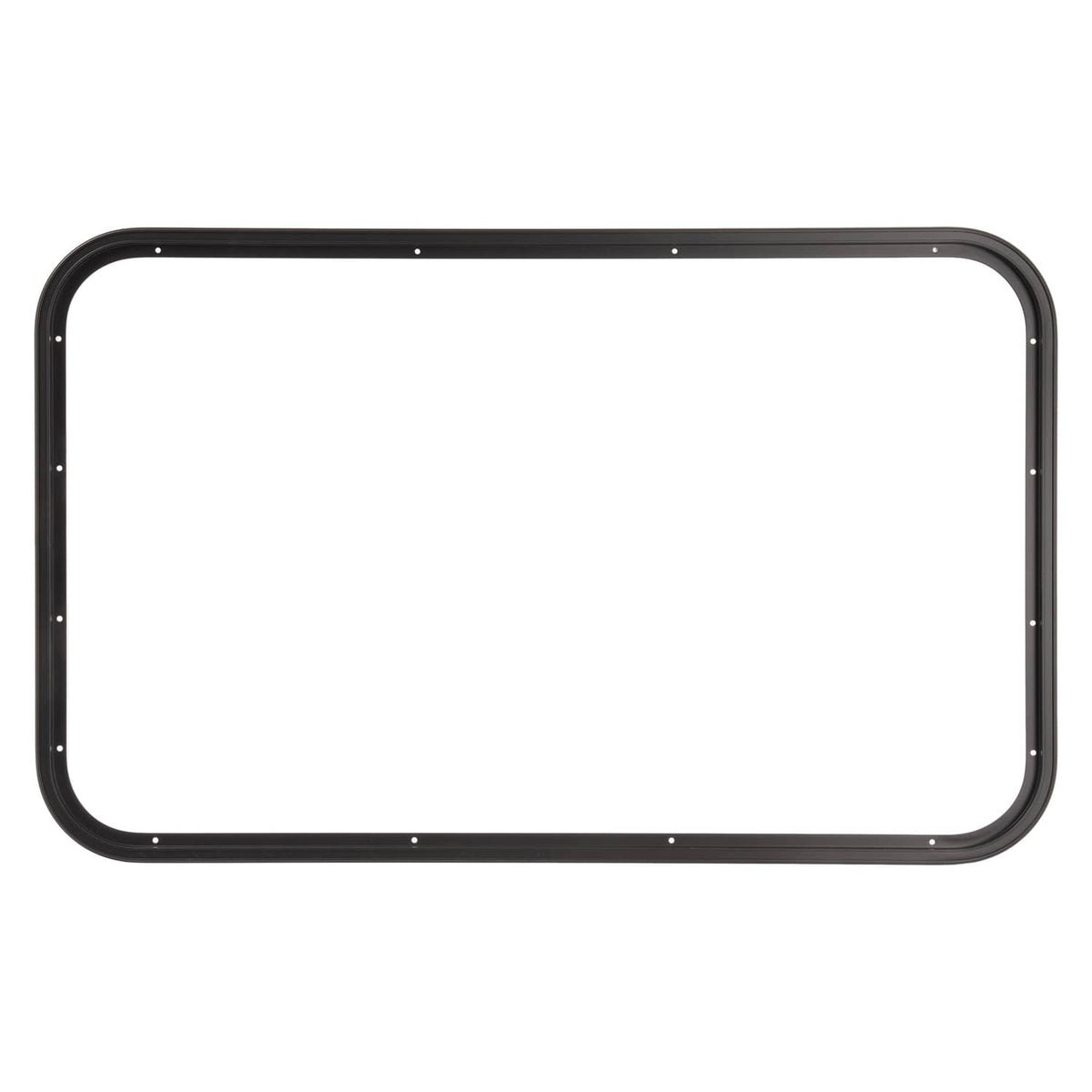 RV window trim ring frame in dark color with rounded corners and mounting holes