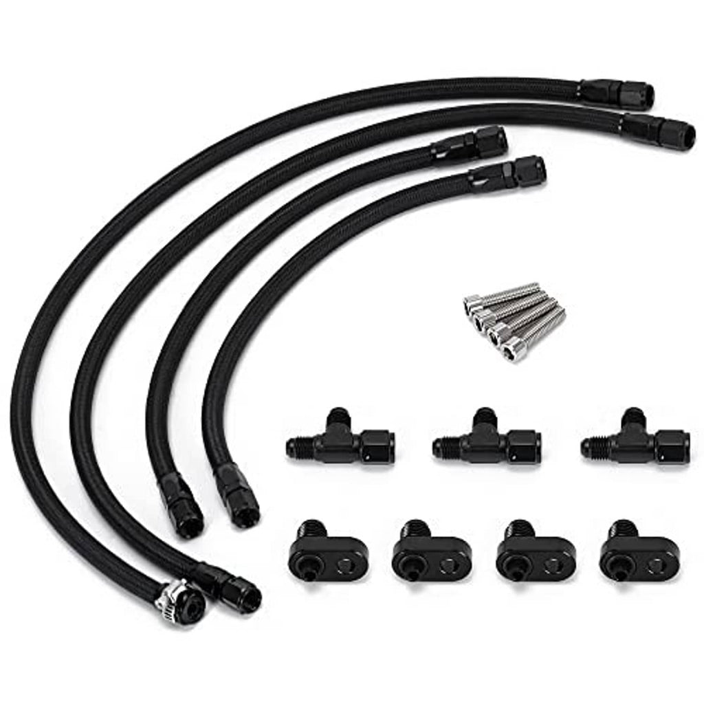Black coolant crossover hose kit with three braided lines and AN connectors