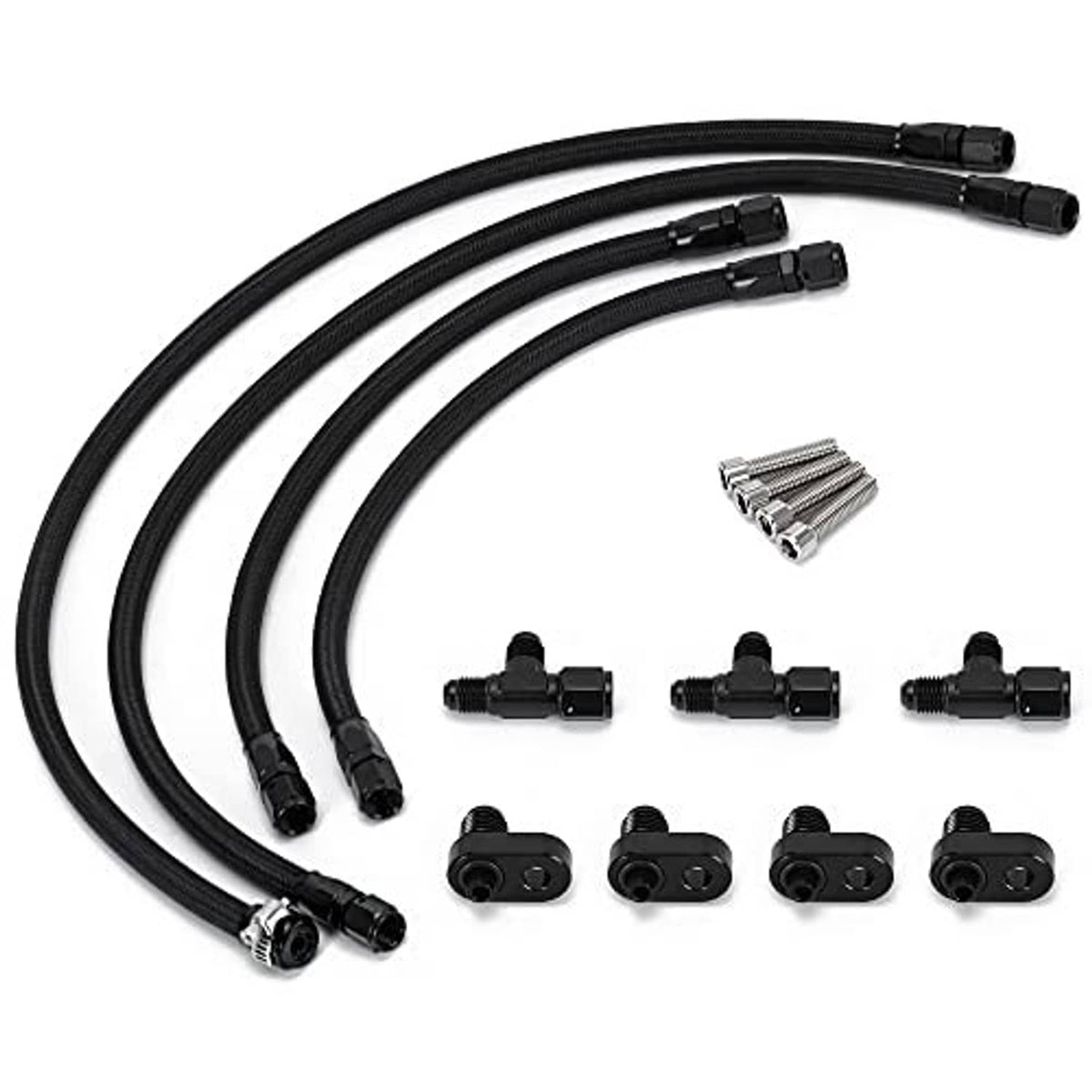 Black coolant crossover hose kit with three braided lines and AN connectors