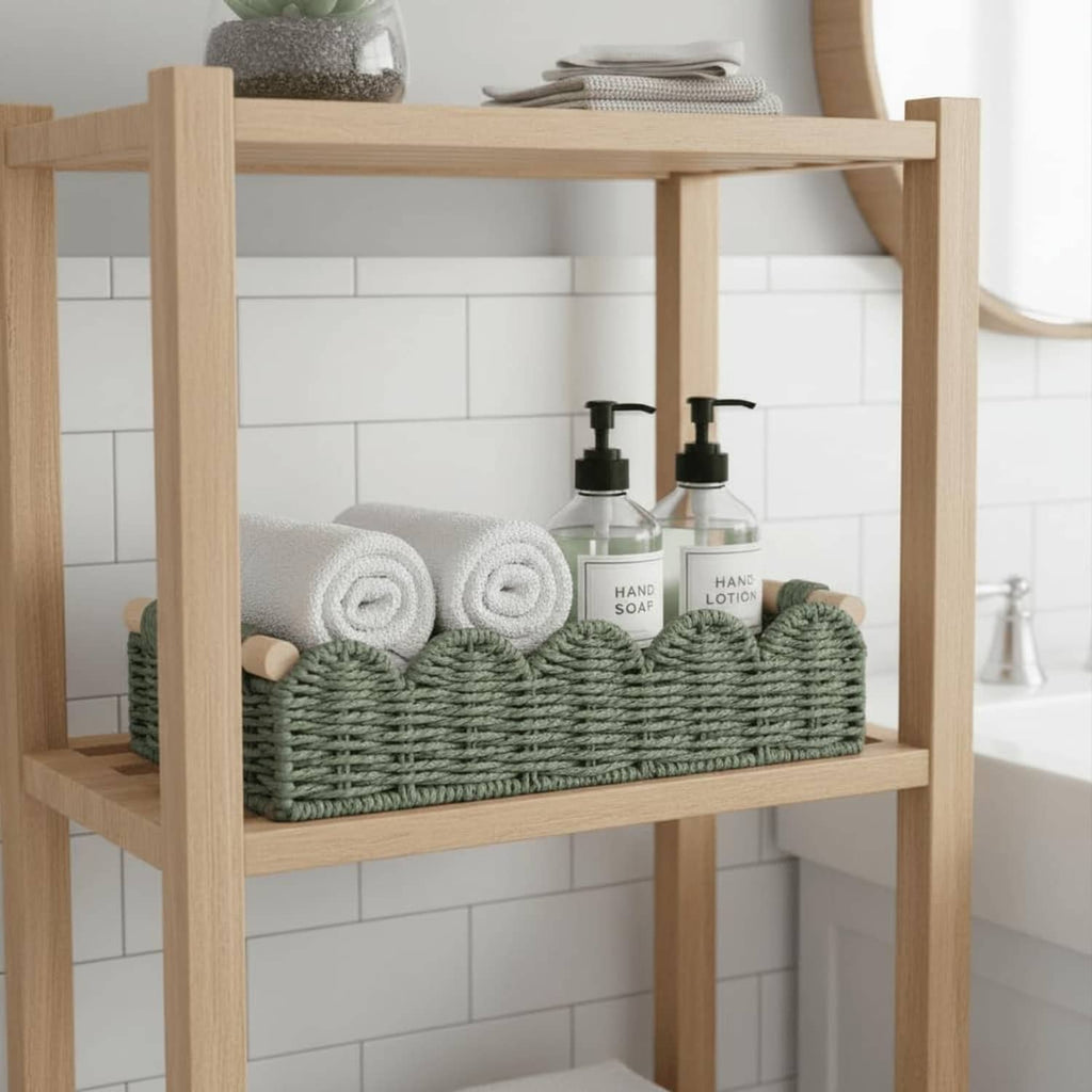 Green woven toilet paper storage basket with side loop handles and toiletries on shelf