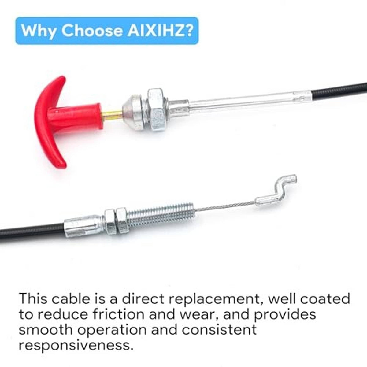Reverse clutch cable featuring a red knob, black cable, and silver clamp-style connectors