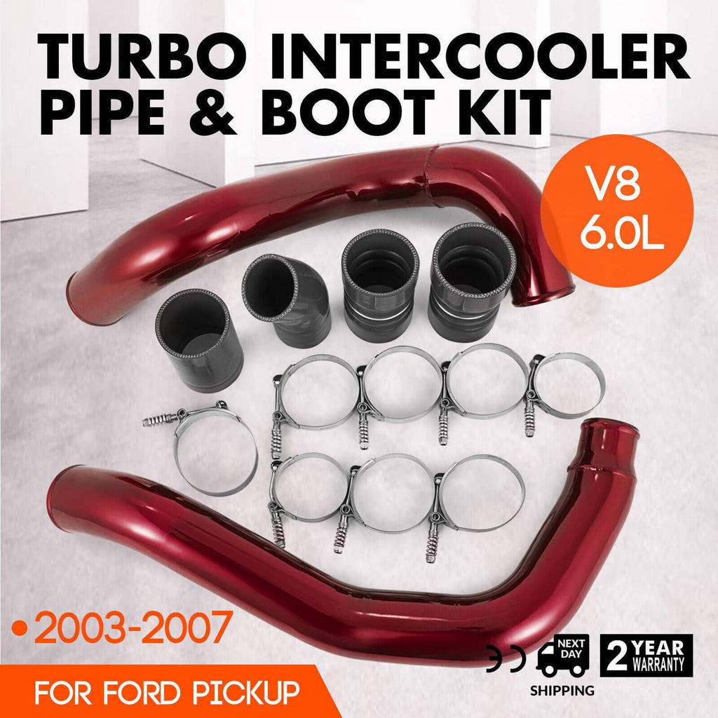 Red turbo intercooler pipe and boot set with black couplers and metal clamp rings