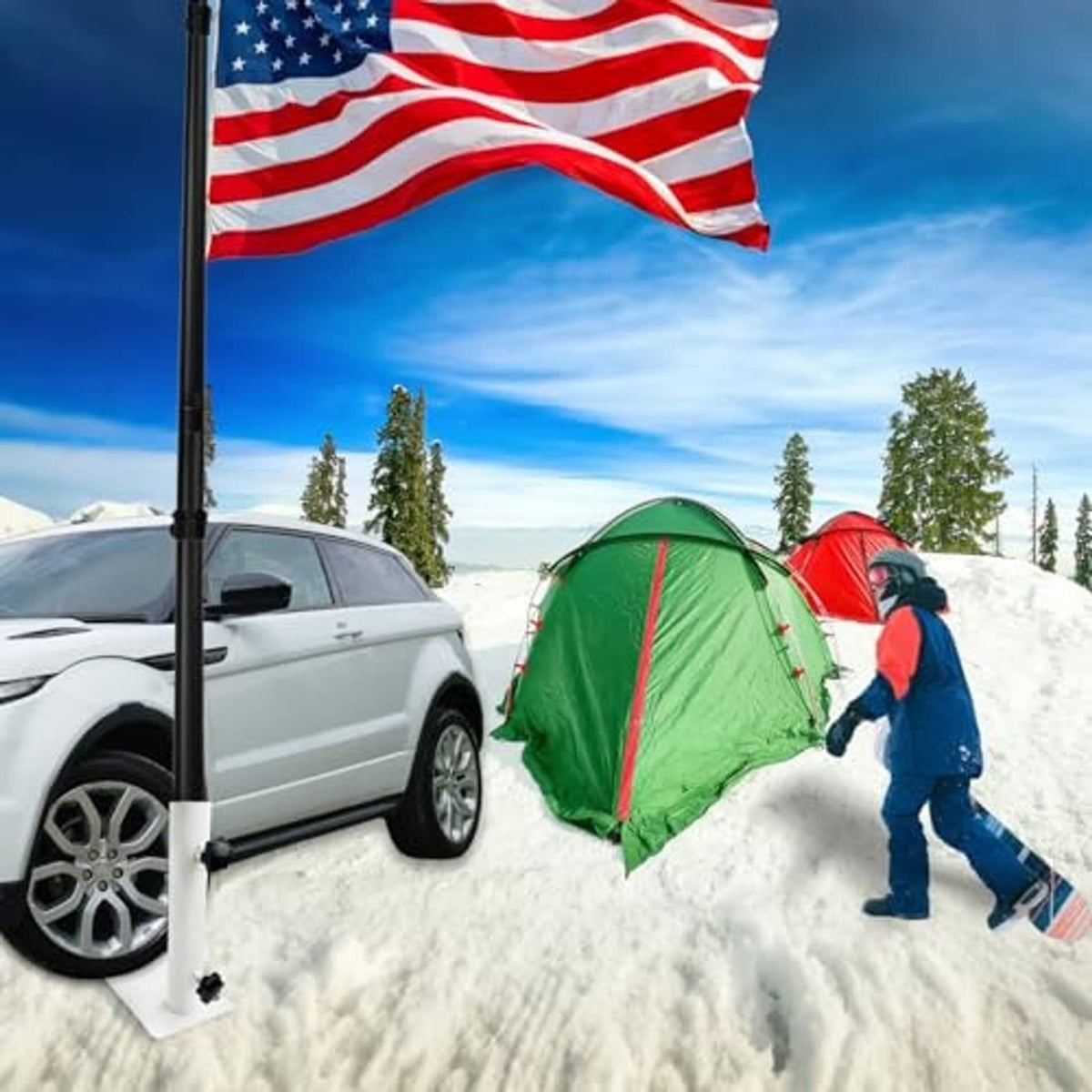 White flagpole tire mount holding a pole near a car tire on snow